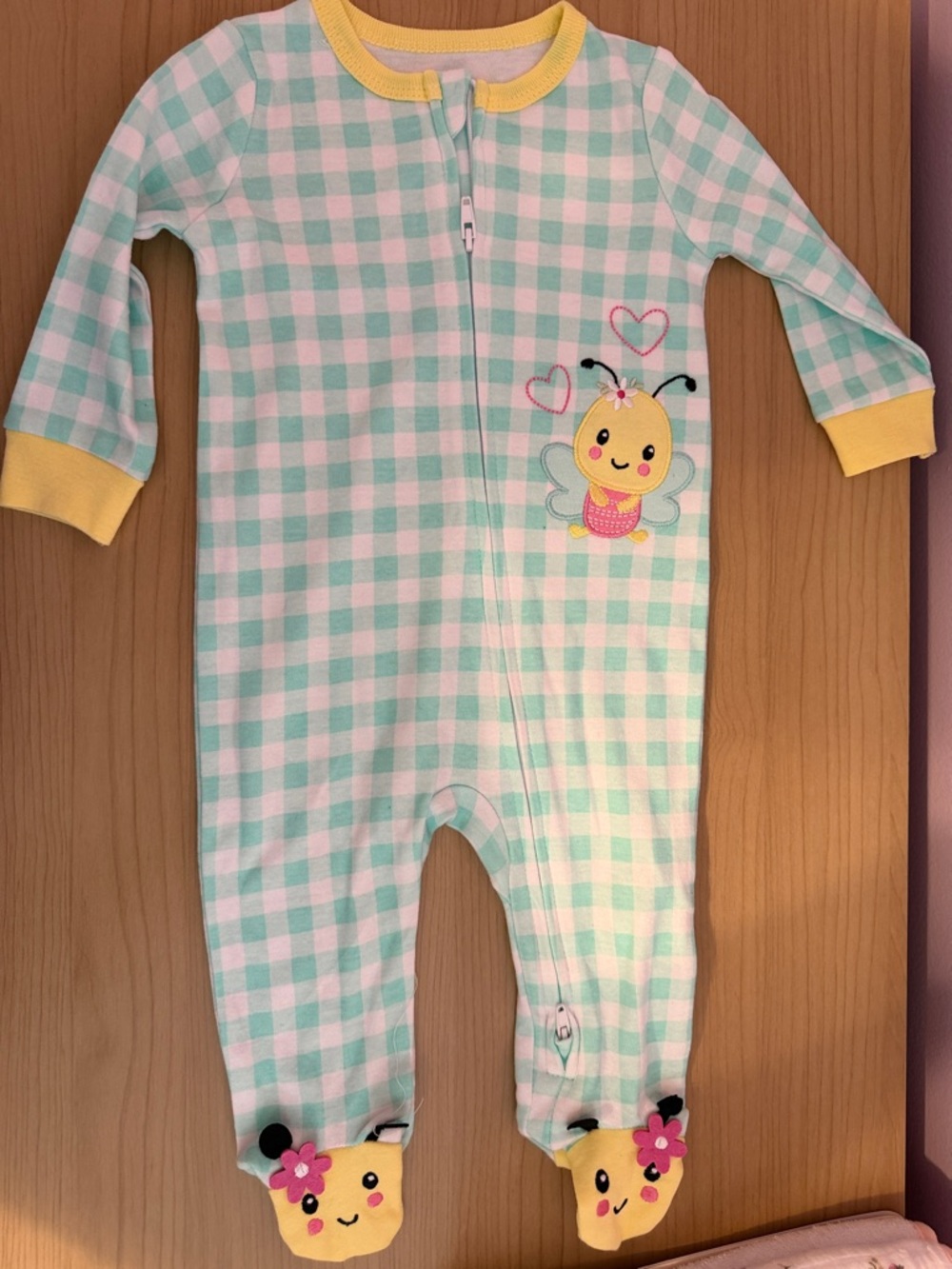Mint Plaid Baby One-Piece Footed Sleeper with Yellow Bee Accent
